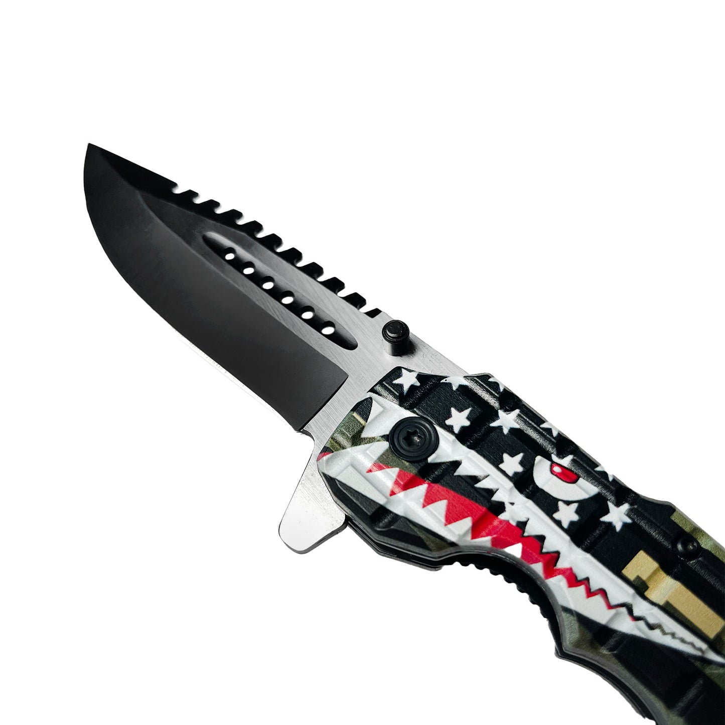 8" Spring Assisted Pocket Knife Camo Shark Handle
