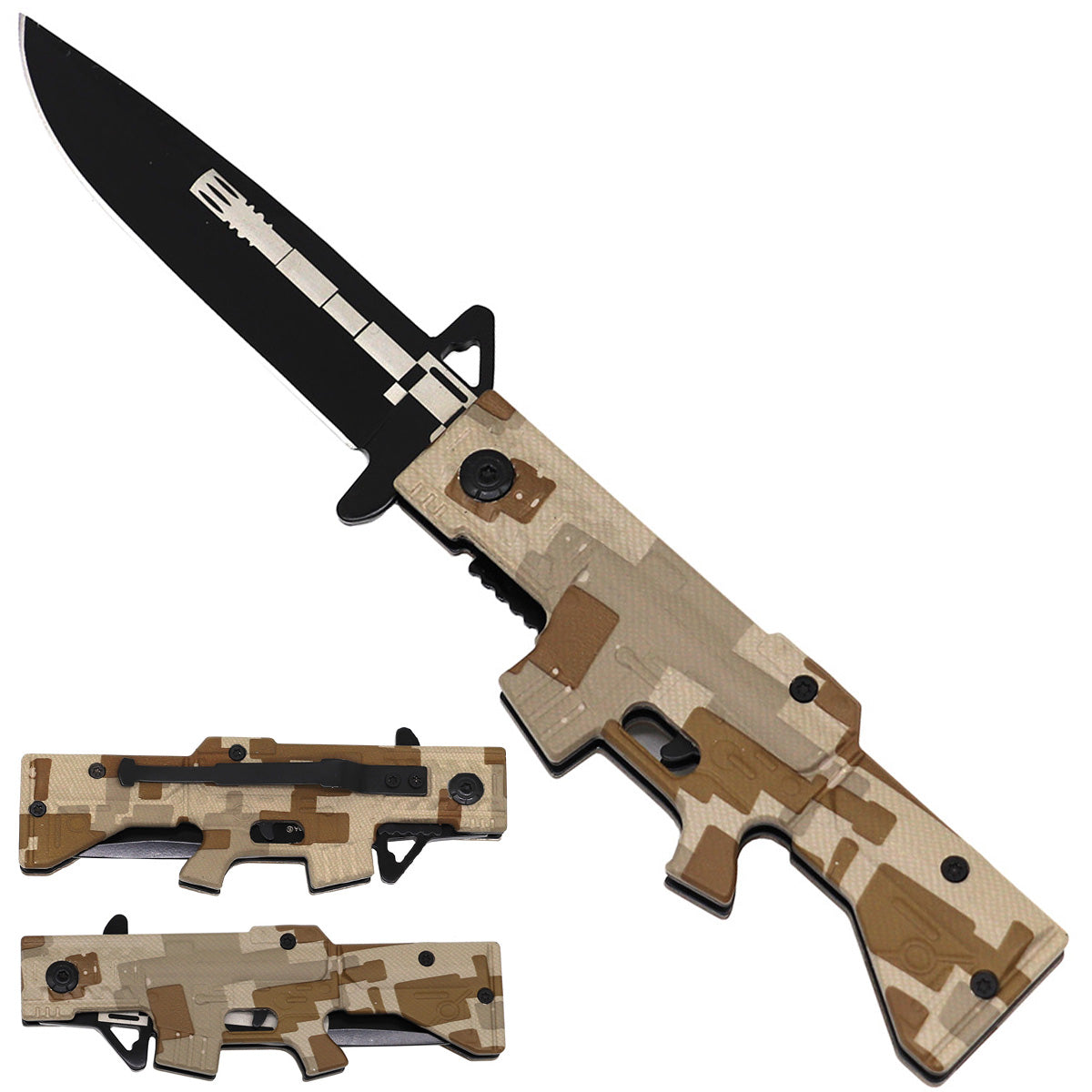 Brown Camo Gun Style Folding Knife
