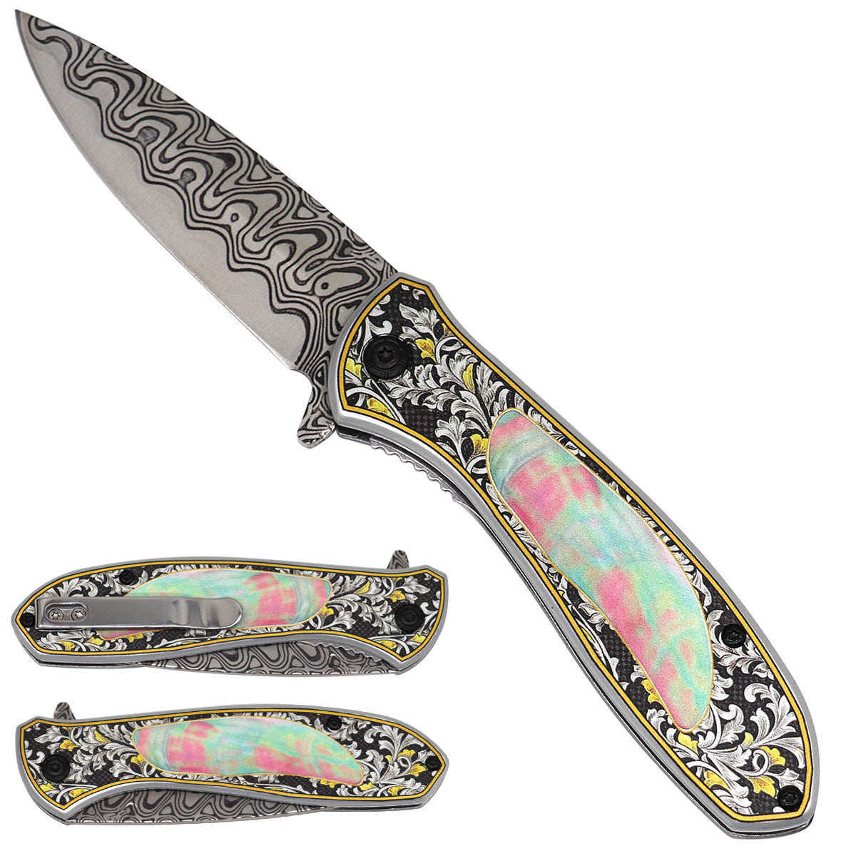Falcon Pink & Cyan Pattern Spring-Assisted Pocket Knife