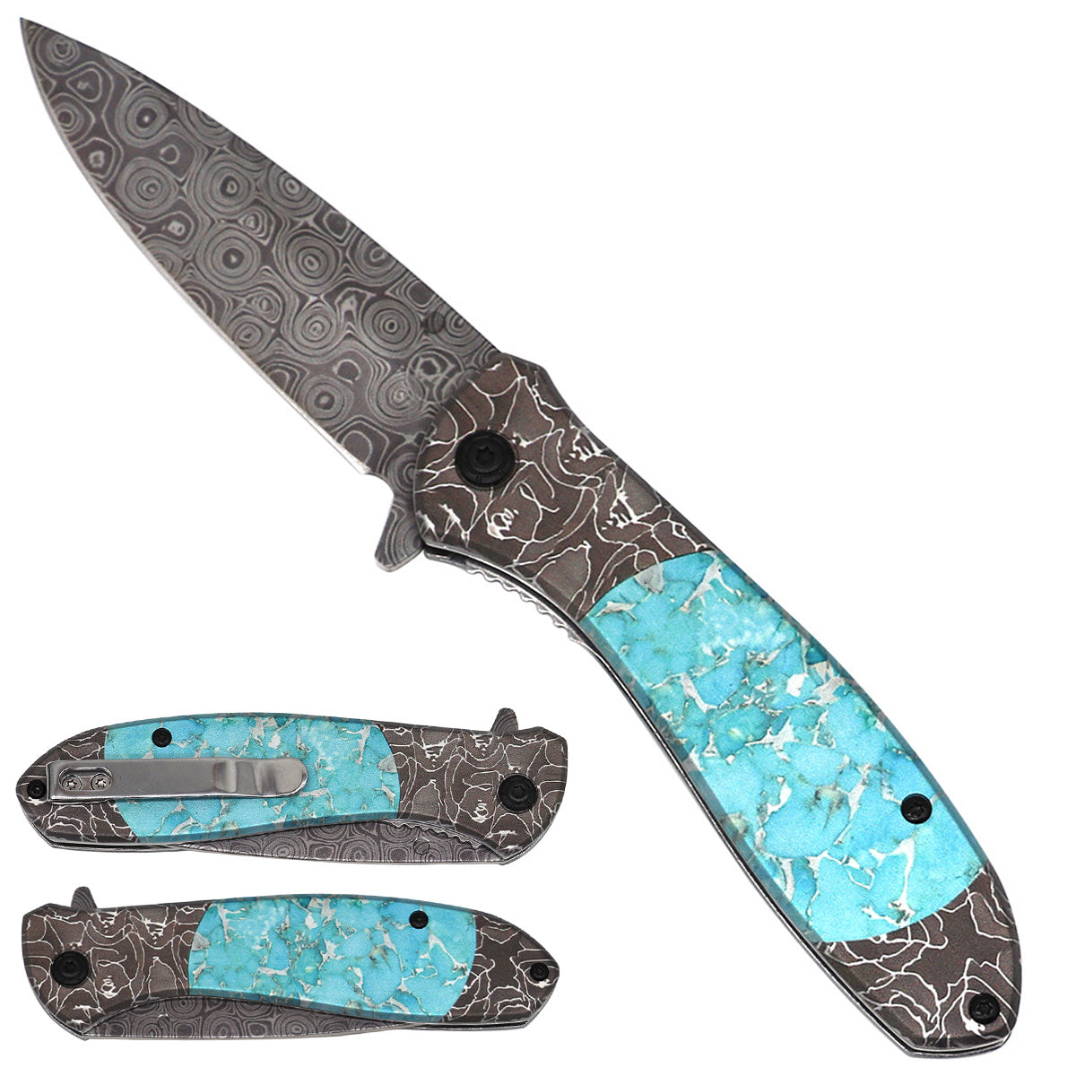 Falcon Cyan & White Pattern Spring-Assisted Pocket Knife