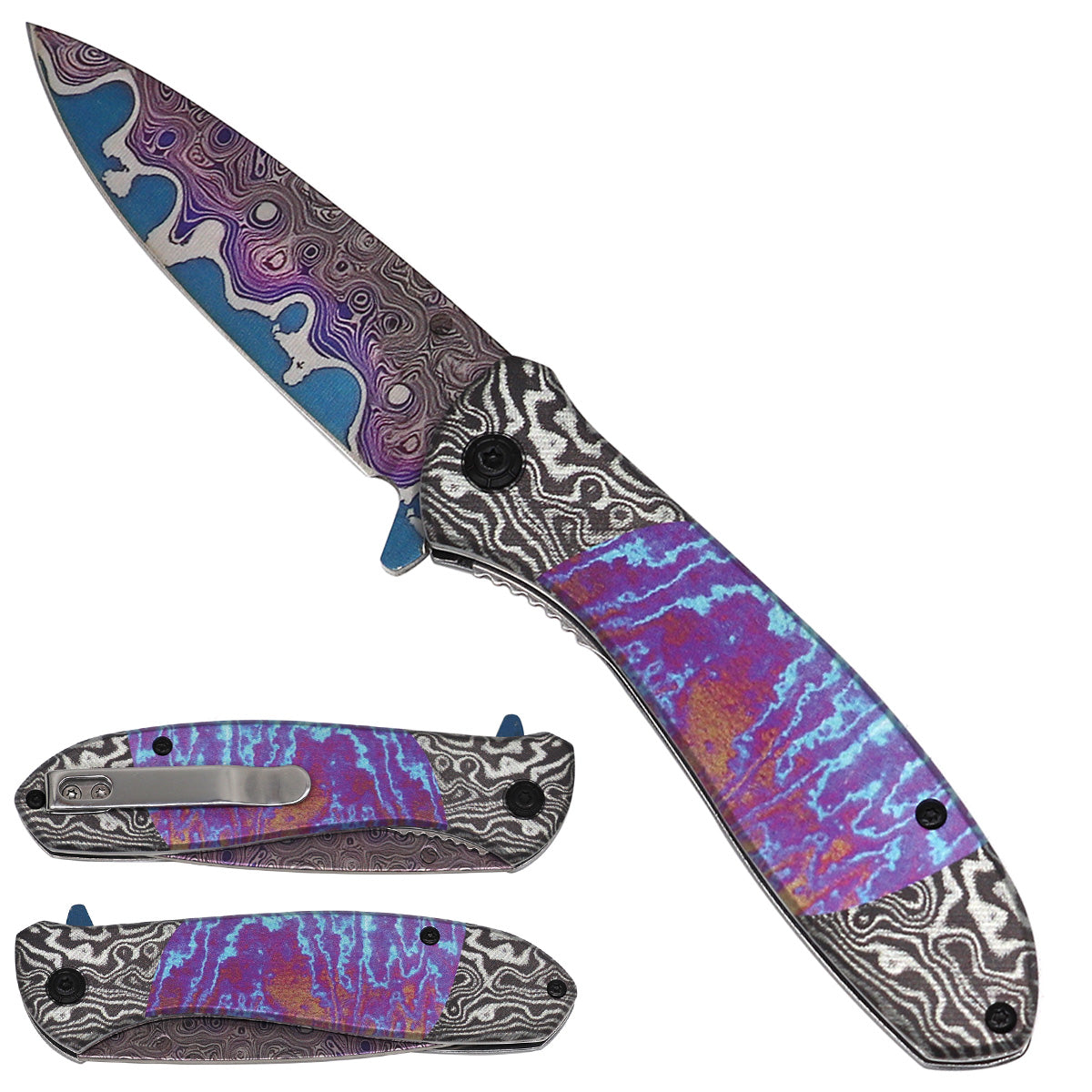 Falcon Blue & Purple Pattern Spring-Assisted Pocket Knife