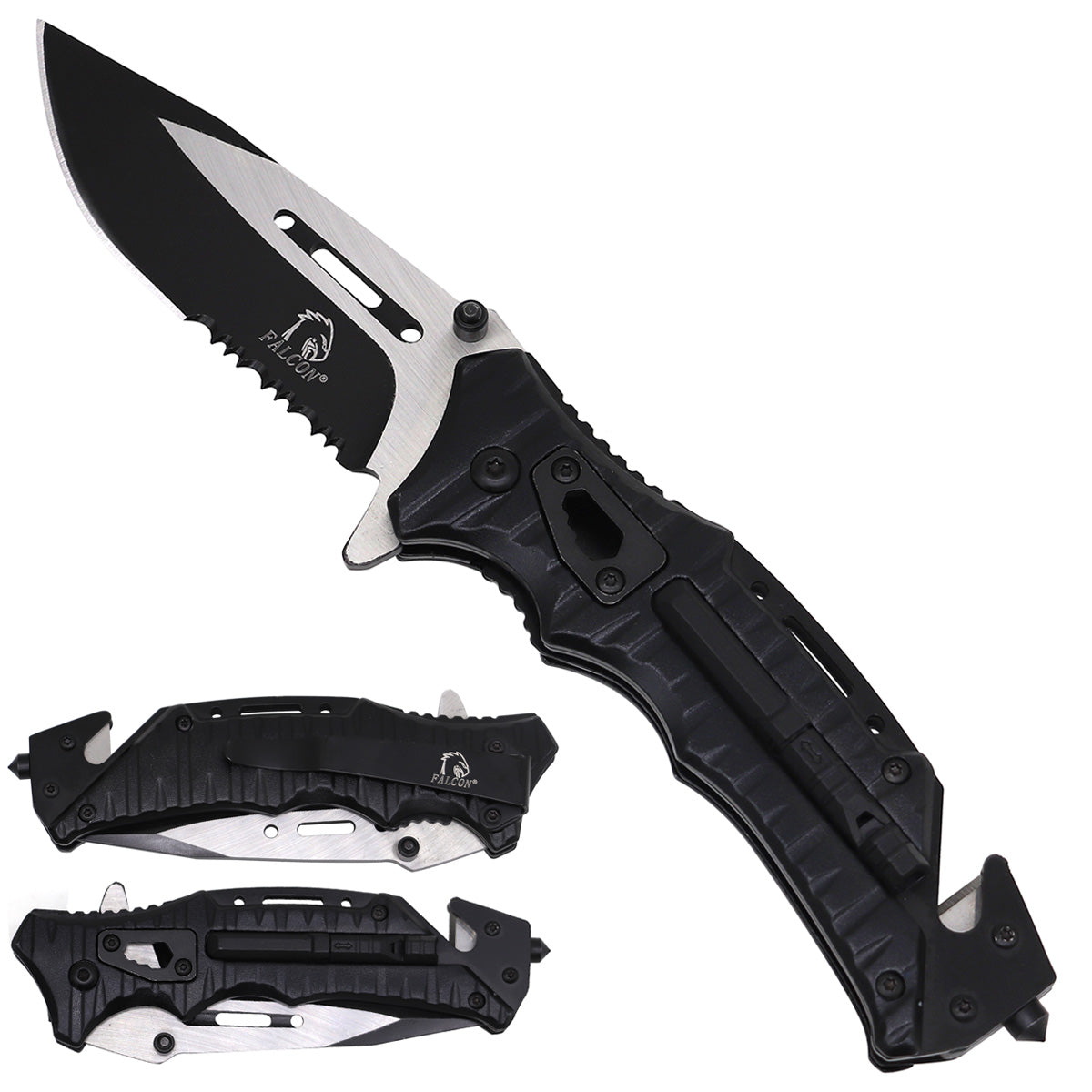 Falcon Spring Assisted Pocket Knife with Serrated Blade - Black