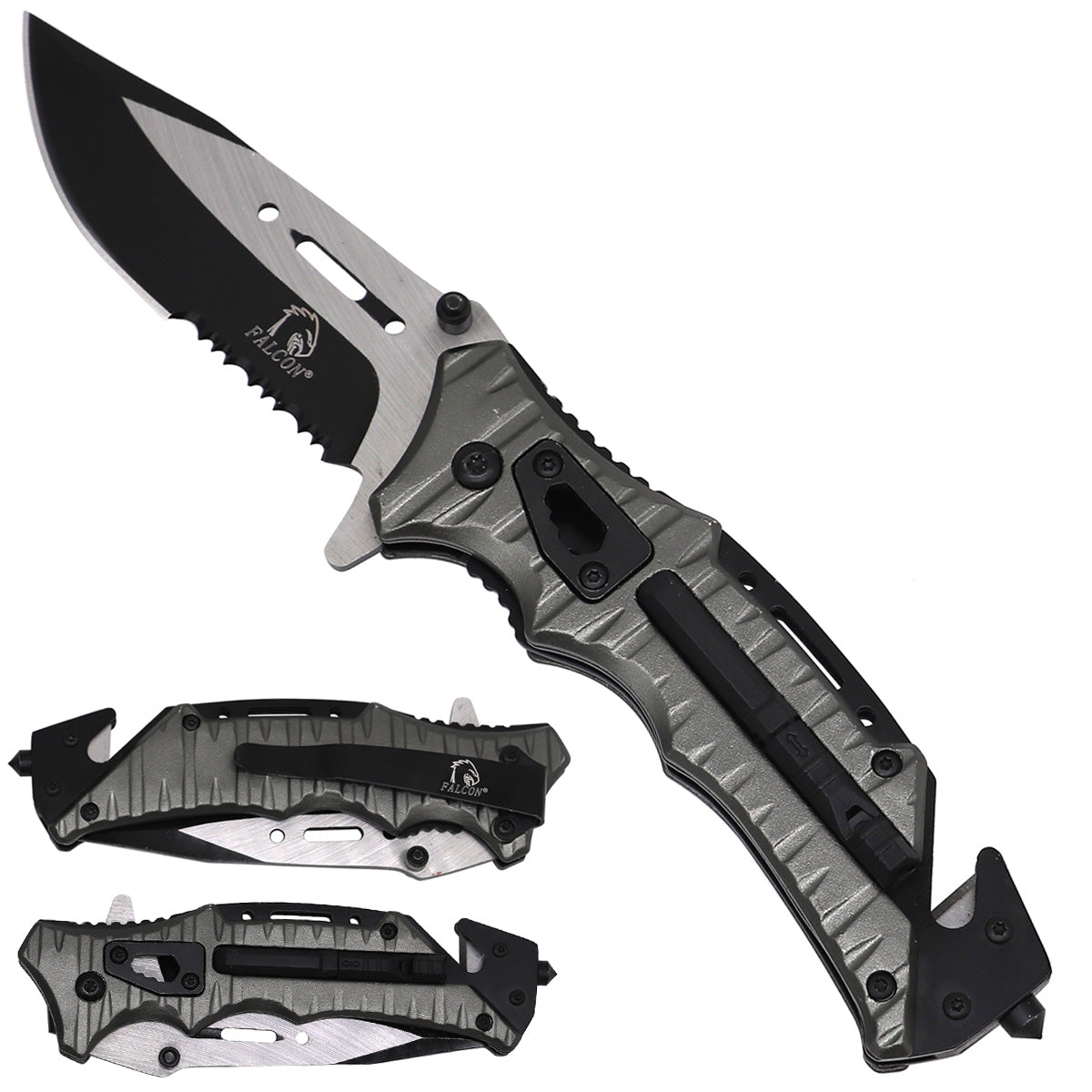 Falcon Spring Assisted Pocket Knife with Serrated Blade - Gray