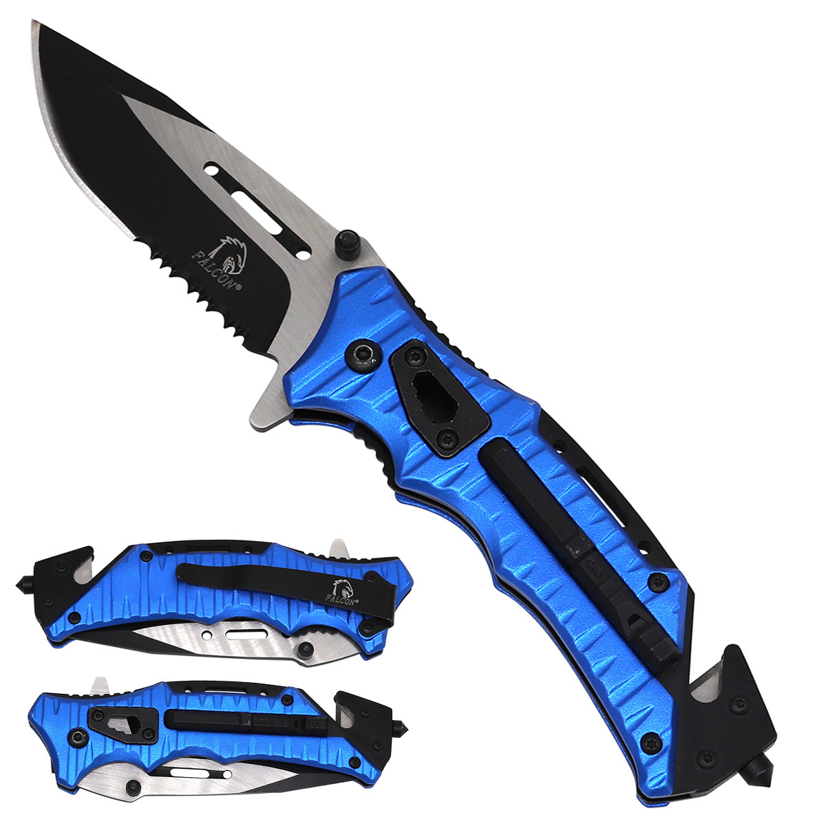 Falcon Spring Assisted Pocket Knife with Serrated Blade - Navy