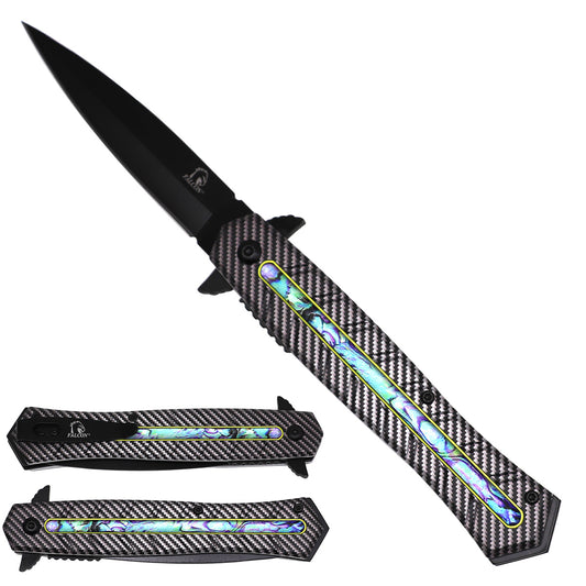 Falcon KS2338-1 spring-assisted knife with black 3.75-inch 440 stainless-steel blade and 5-inch 3D-design aluminum handle