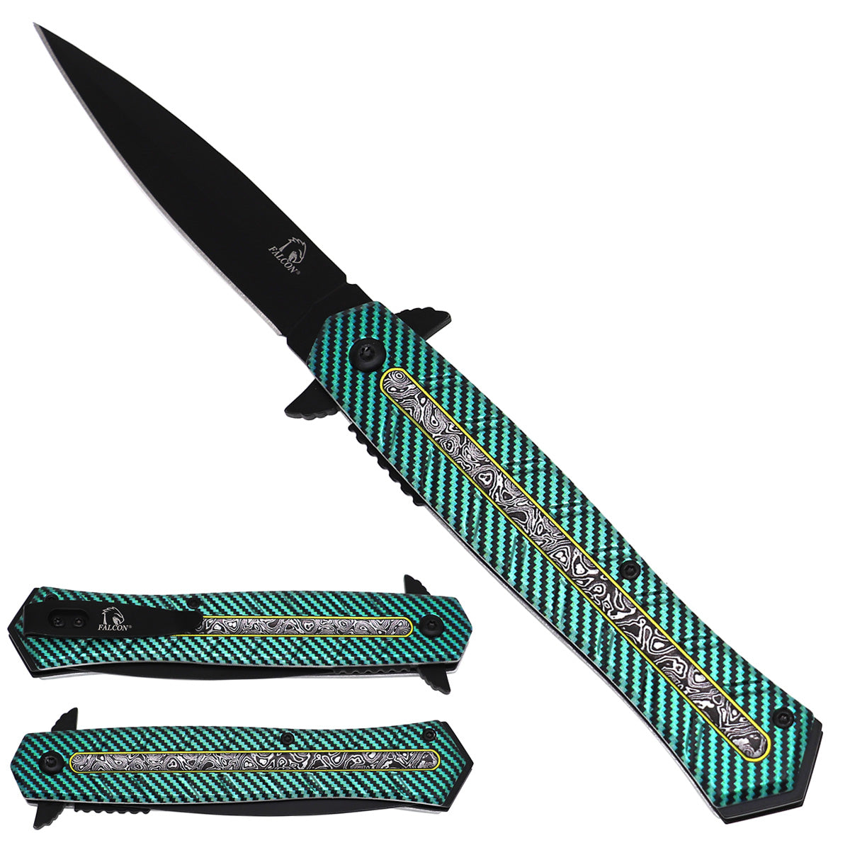 Falcon KS2338-2 spring-assisted knife with black 3.75-inch 440 stainless-steel blade and 5-inch 3D-design aluminum handle