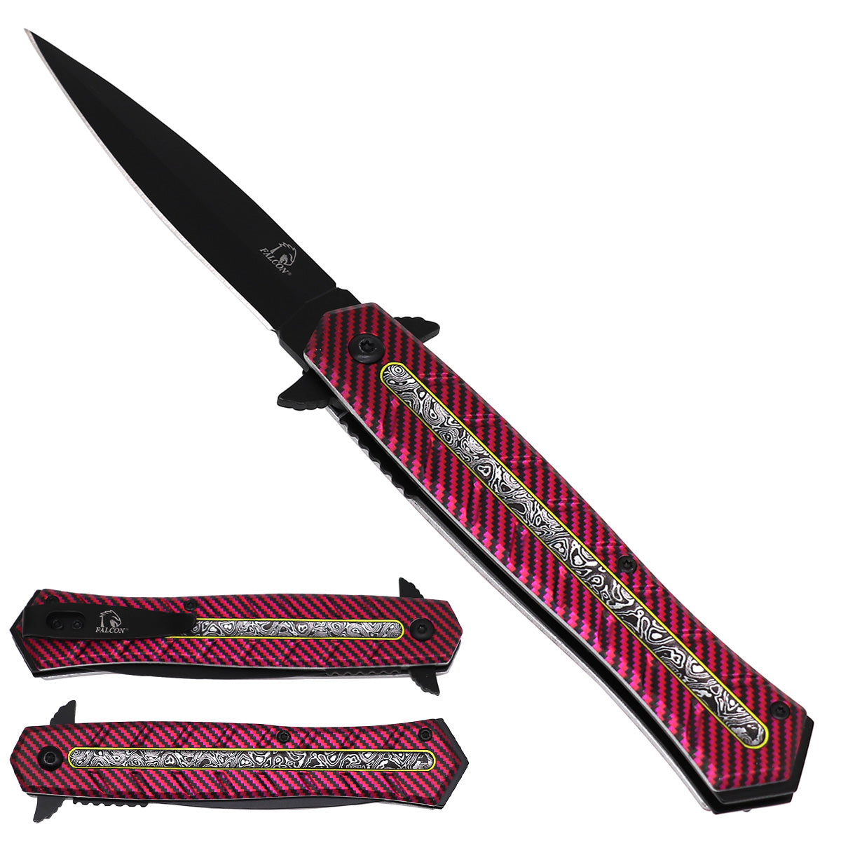 Falcon KS2338-3 spring-assisted knife with black 3.75-inch 440 stainless-steel blade and 5-inch 3D-design aluminum handle