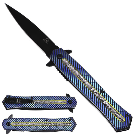 Falcon KS2338-4 spring-assisted knife with black 3.75-inch 440 stainless-steel blade and 5-inch 3D-design aluminum handle