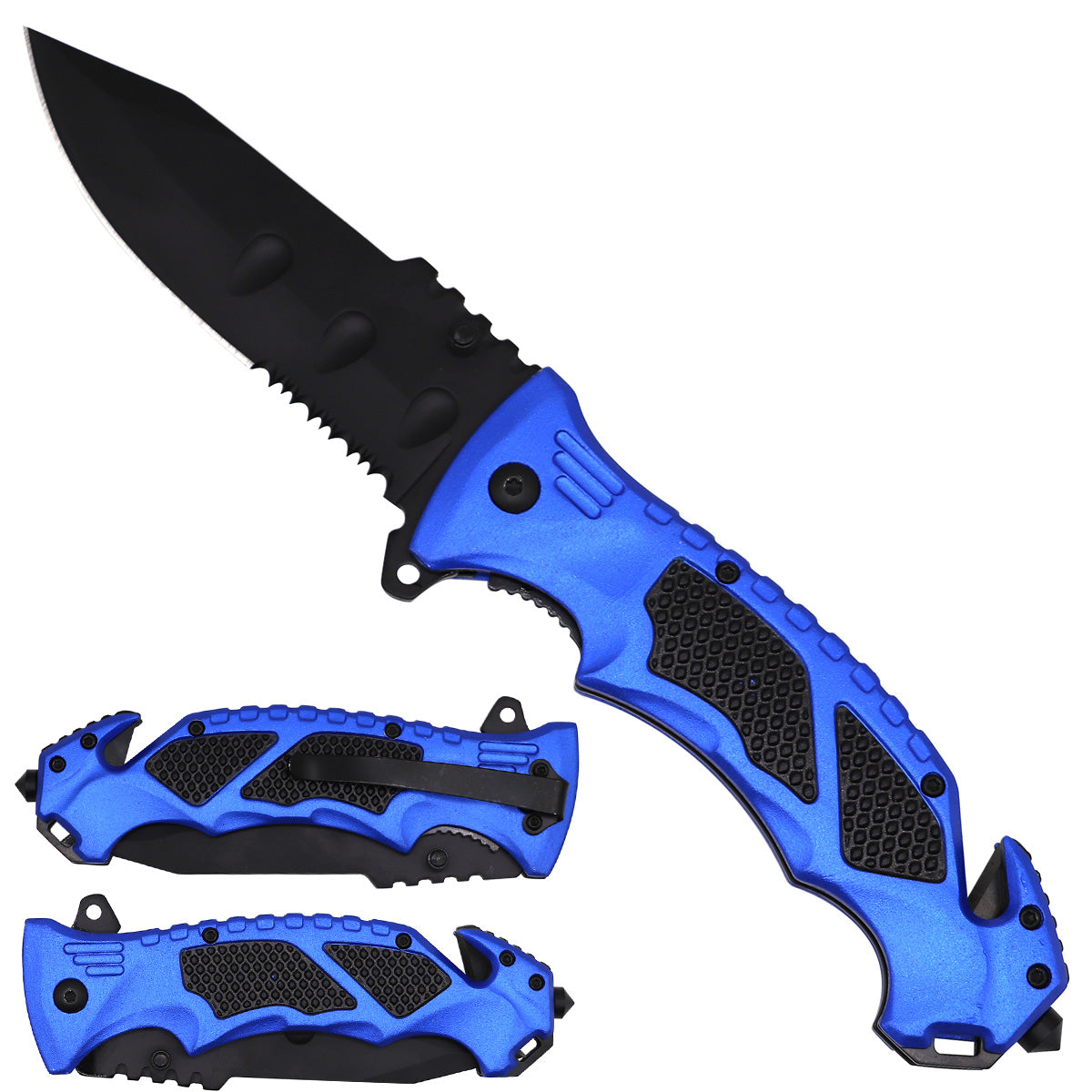 Blue Tactical Textured Grip Spring Assisted Pocket Knife - Navy Handle - Pacific Solution wholesale pocket knife SKU KS2528NB
