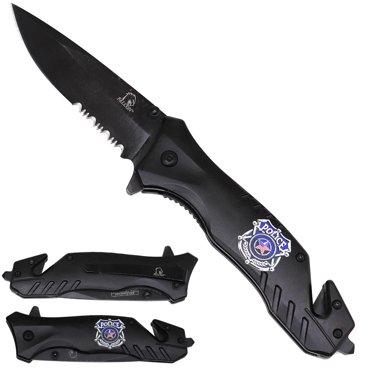 Spring-assisted folding knife with 3.5-inch blade and 3D-printed Police Department handle design, SKU KS2589BPD