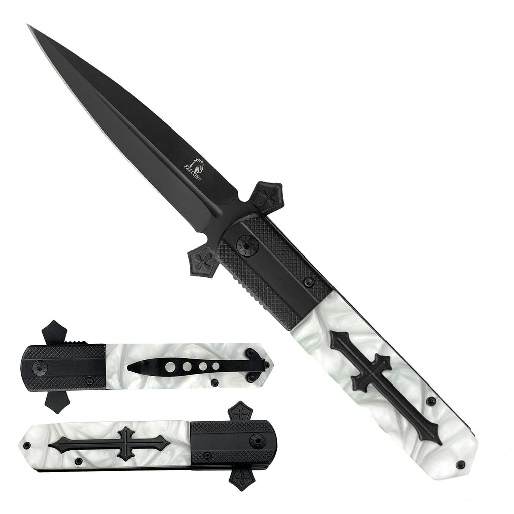 3 1/2 " Black Blade / White Handle w Cross /  Assited Knife