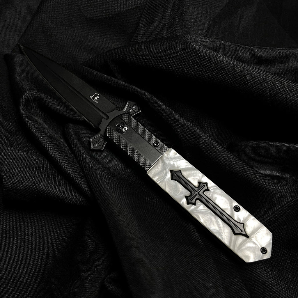 3 1/2 " Black Blade / White Handle w Cross /  Assited Knife