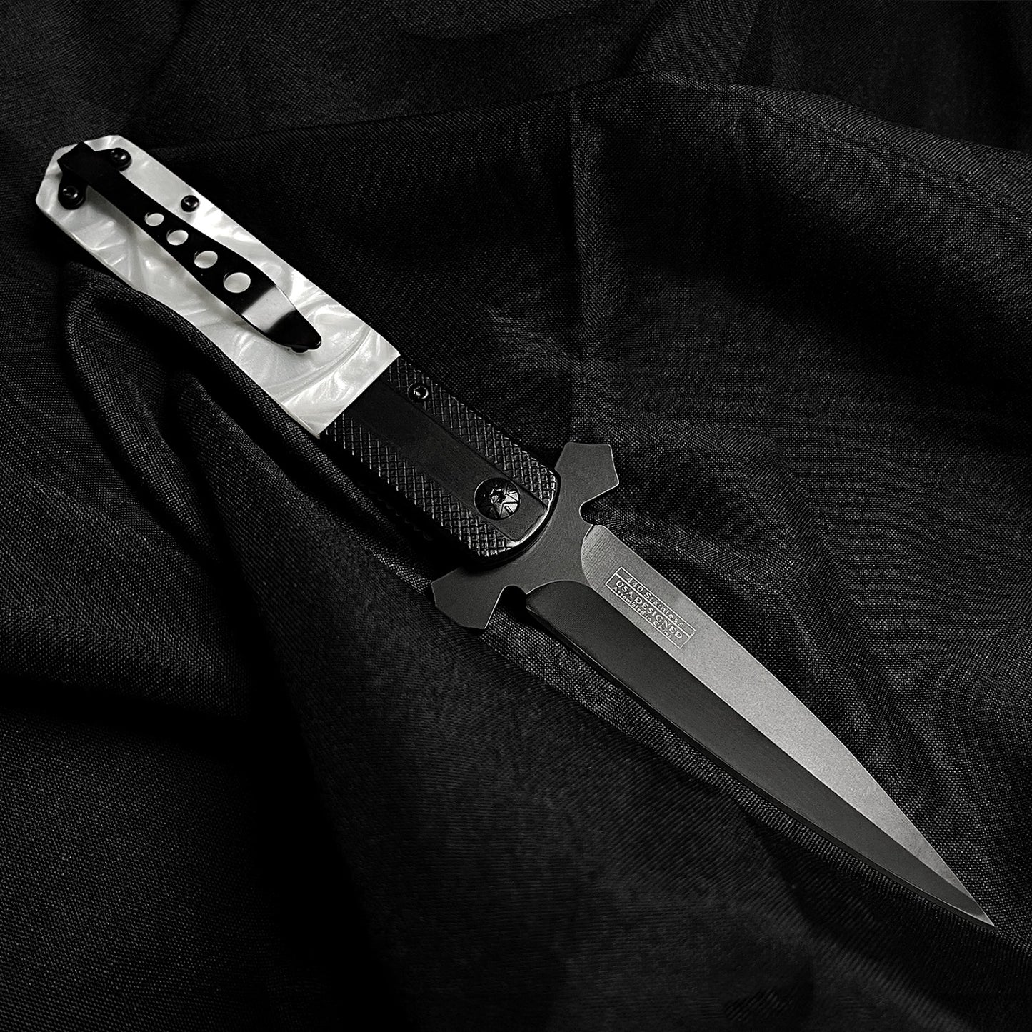 Falcon 8 7/8" Black Blade White Faux Marble Handle Spring Assisted Pocket Knife