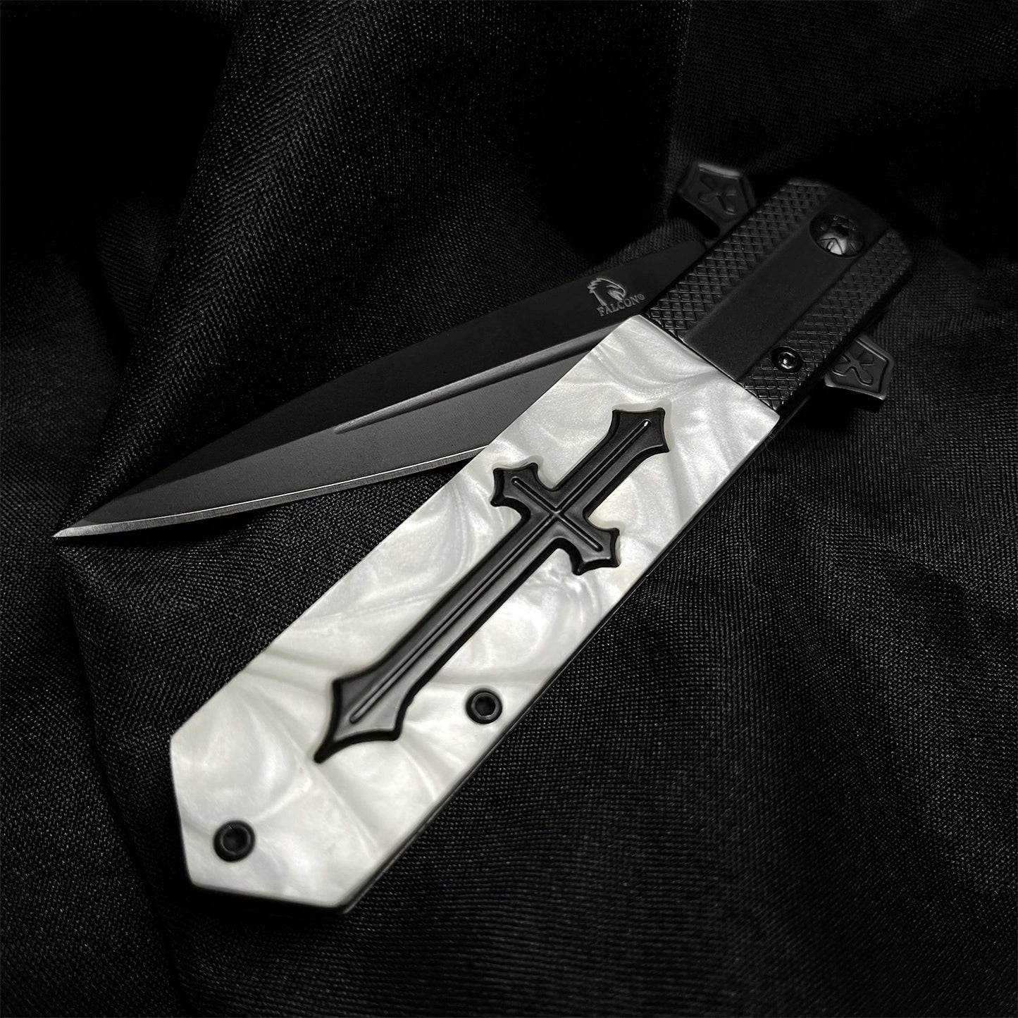 Falcon 8 7/8" Black Blade White Faux Marble Handle Spring Assisted Pocket Knife