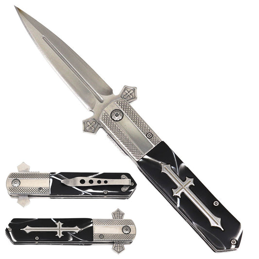 3 1/2 " Silver Blade / Black Handle w Cross /  Assited Knife