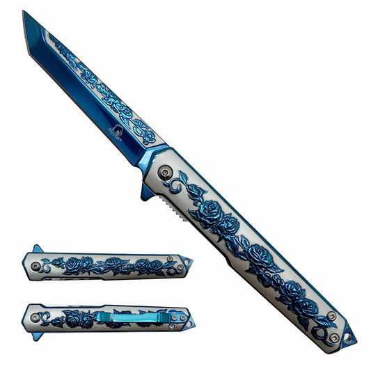Falcon Knife - Blue Rose Engraving on Handle EDC Pocket Knife