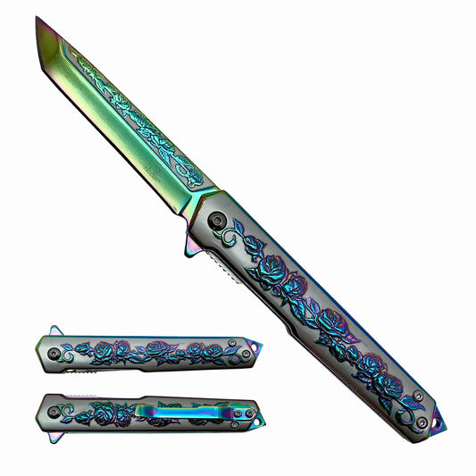 Falcon Knife - Rainbow Rose Engraving on Handle EDC Pocket Knife