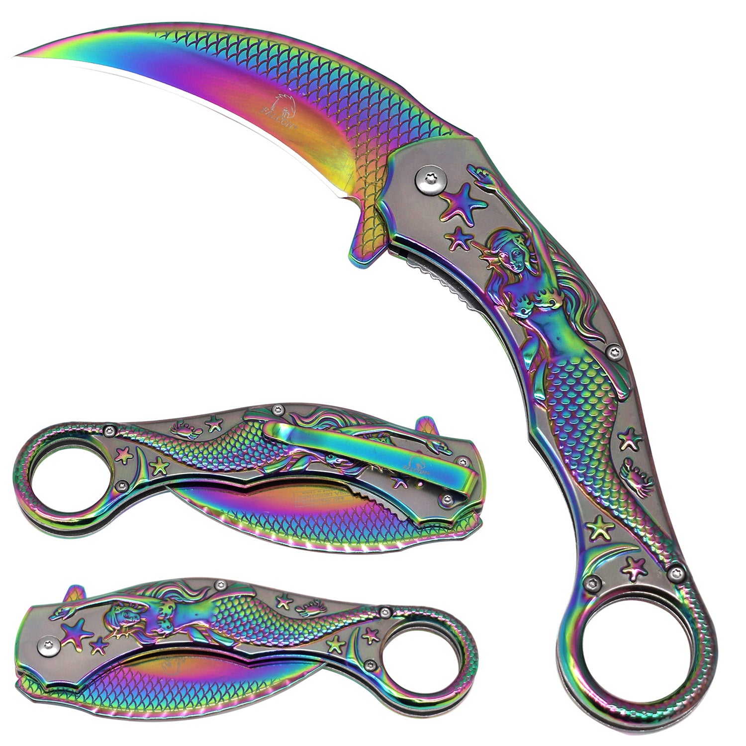 Falcon Rainbow Mermaid Spring Assisted Karambit Knife