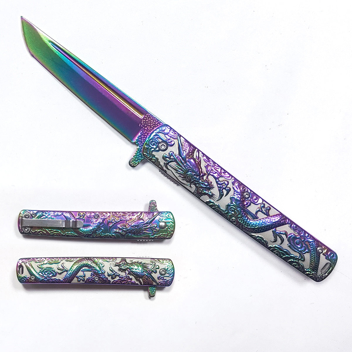 Falcon Dragon Engraved Rainbow Spring Assisted Pocket Knife