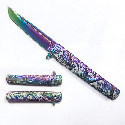 Falcon Dragon Engraved Rainbow Spring Assisted Pocket Knife
