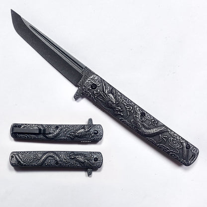 Falcon Dragon Engraved Black Spring Assisted Pocket Knife