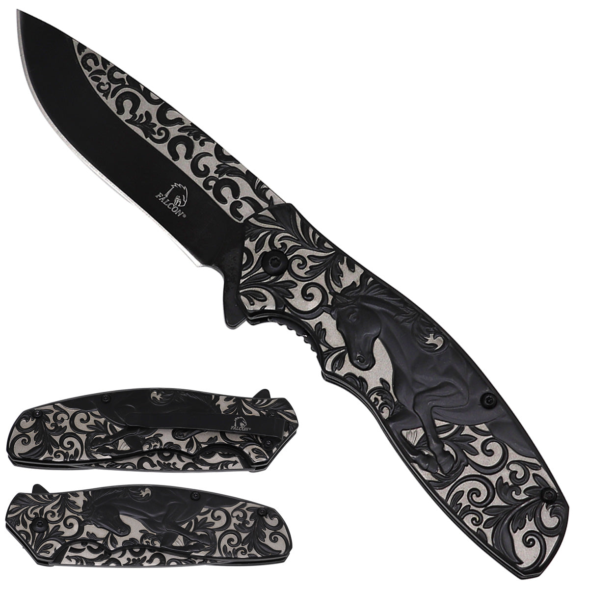 Falcon KS3044BK Black Titanium Laser Spring Assisted Folding Knife