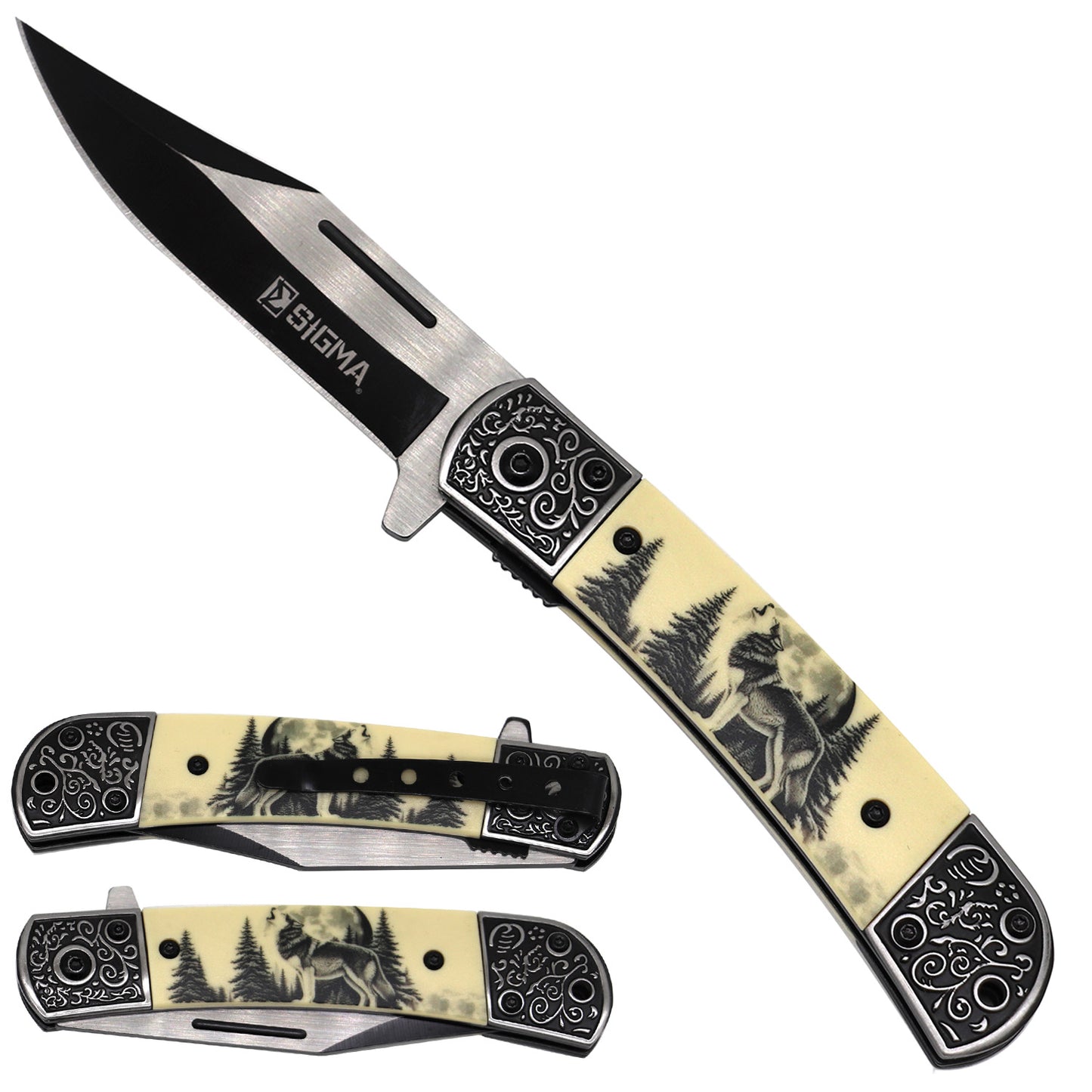 Sigma Ball Bearing Flipper Knife - Wolf Design