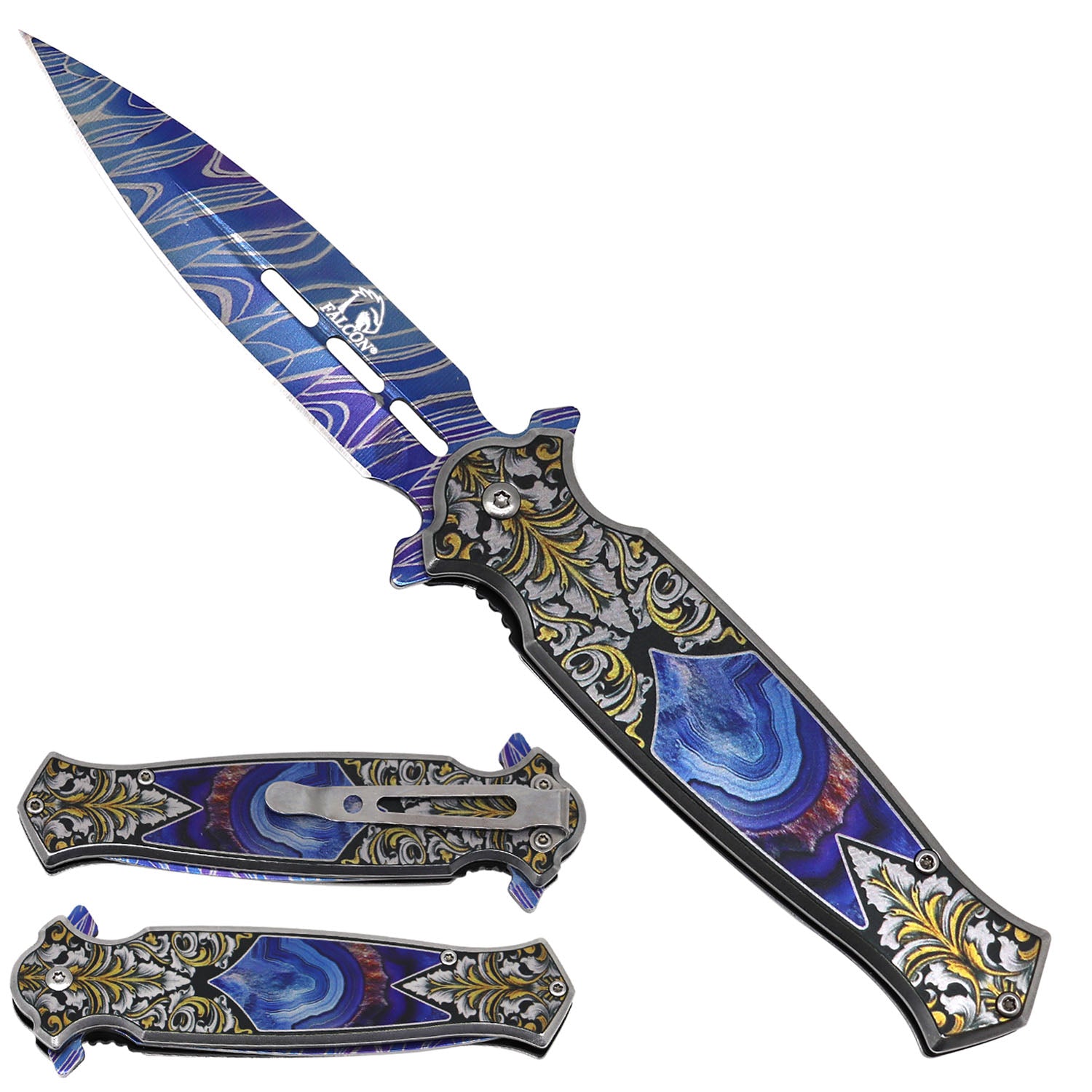 Falcon Spring Assisted Pocket Knife - Patterns on Handle