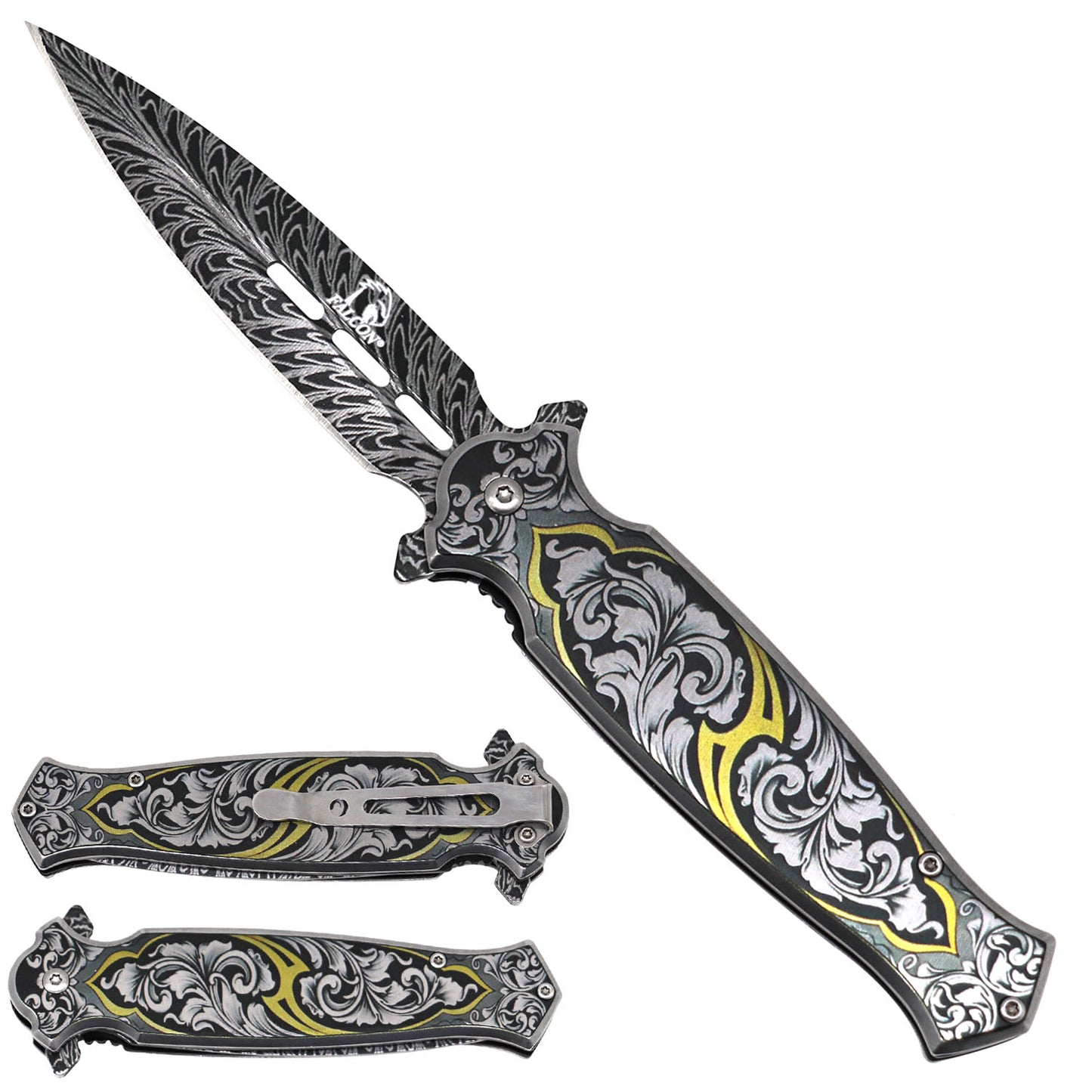 Falcon Spring Assisted Pocket Knife - Patterns on Handle