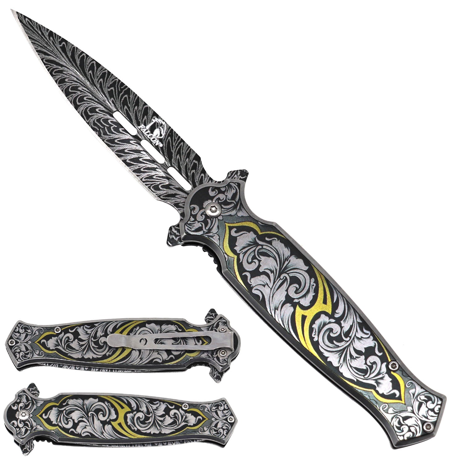 Falcon Spring Assisted Pocket Knife - Damascus Pattern
