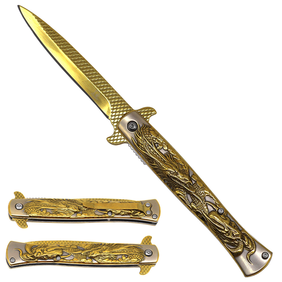 5" relief dragon steel handle / Gold titanium