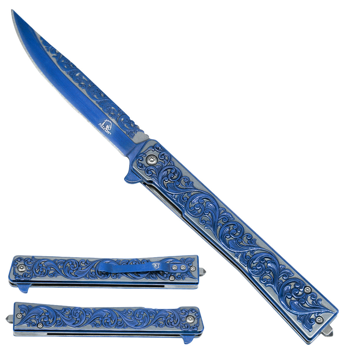 Falcon Blue Spring Assisted Pocket Knife - Engraved Leaves