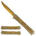 Falcon Gold Spring Assisted Pocket Knife - Engraved Leaves