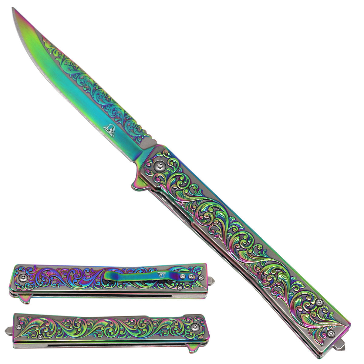 Falcon Leaf-Pattern Spring Assisted Pocket Knife - Rainbow