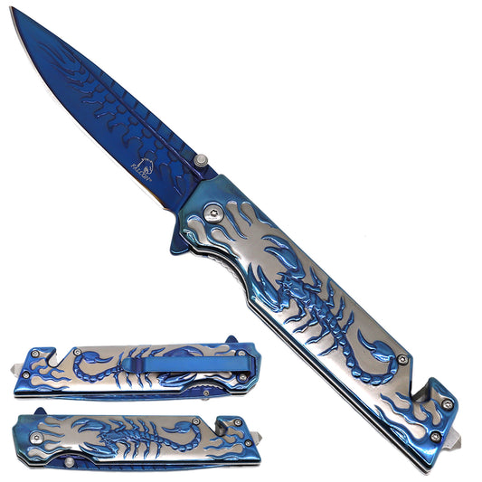 Falcon 9" Pocket Knife Overall Semi Automatic Blue Scorpion