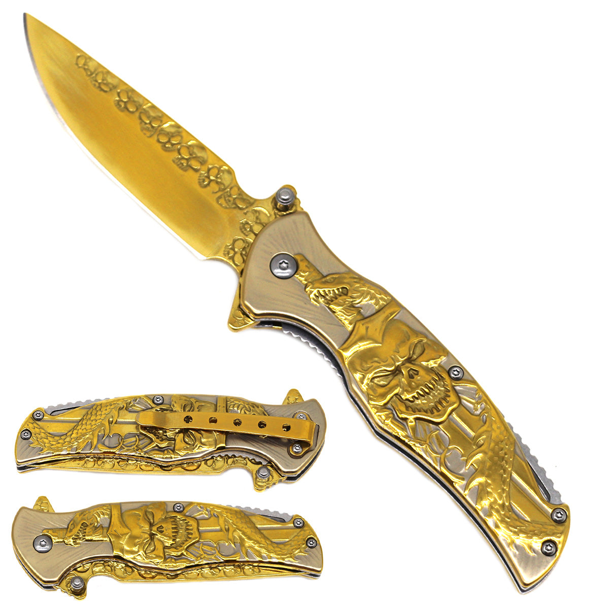 4.75"  Skull Blade / Gold Stainless Steel Handle