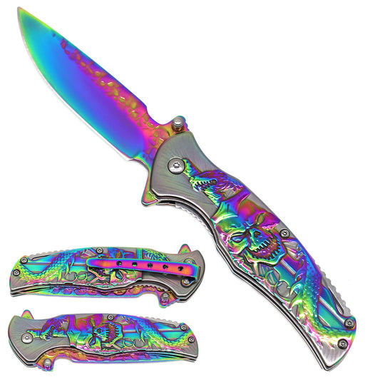 4.75"  Skull Blade / Rainbow Blue Stainless Steel Handle