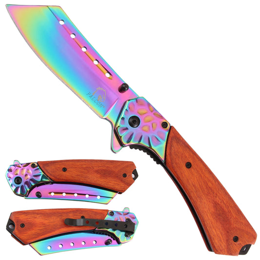 Falcon Spring Assisted Pocket Knife Rainbow Coated Stainless Steel Blade