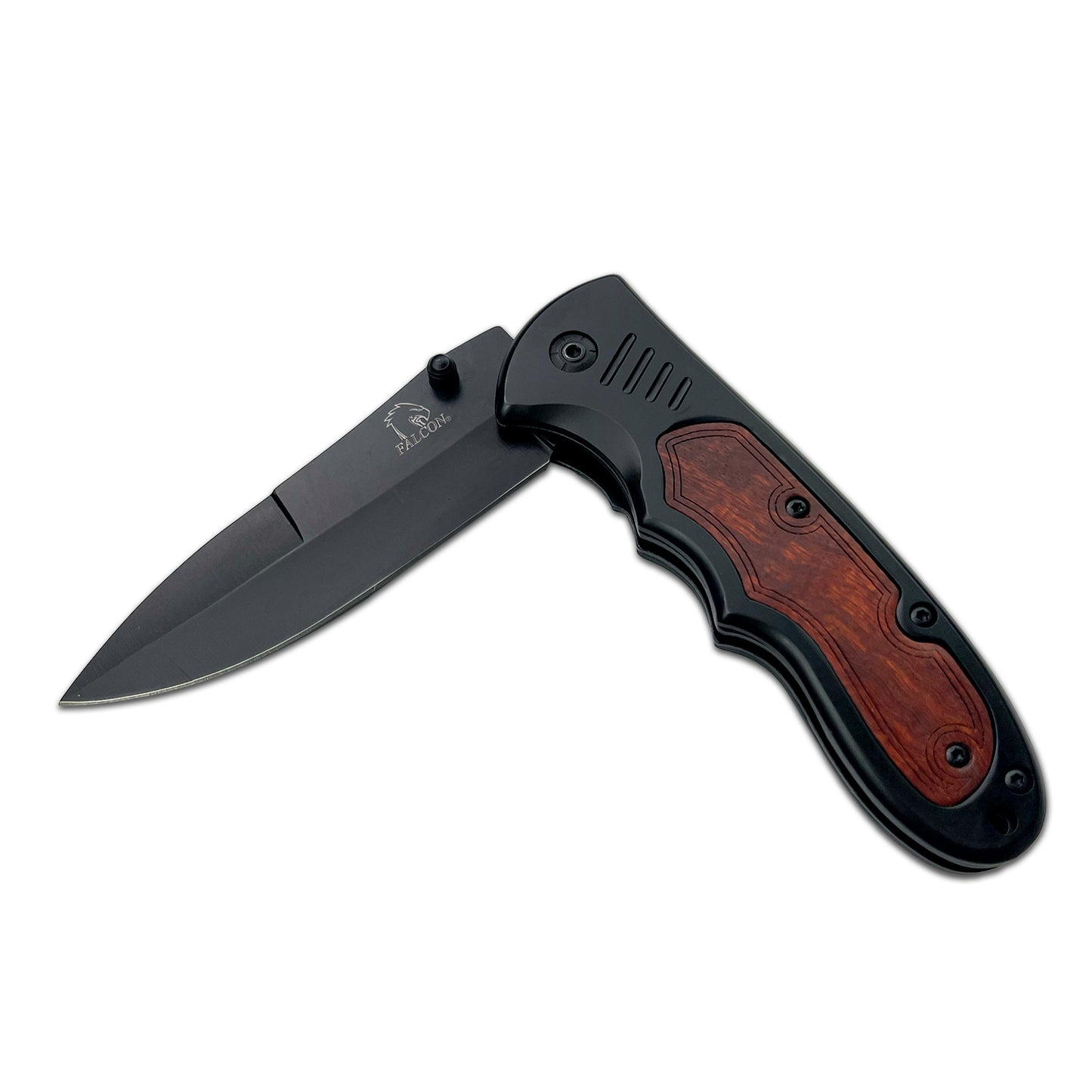 Falcon Semi Automatic Folding Knife Black Blade Wooden Handle