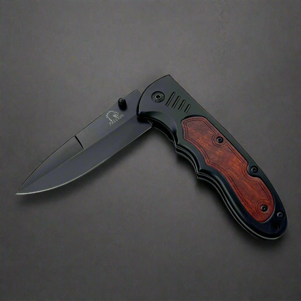 Falcon Semi Automatic Pocket Knife Black Blade Wooden Handle
