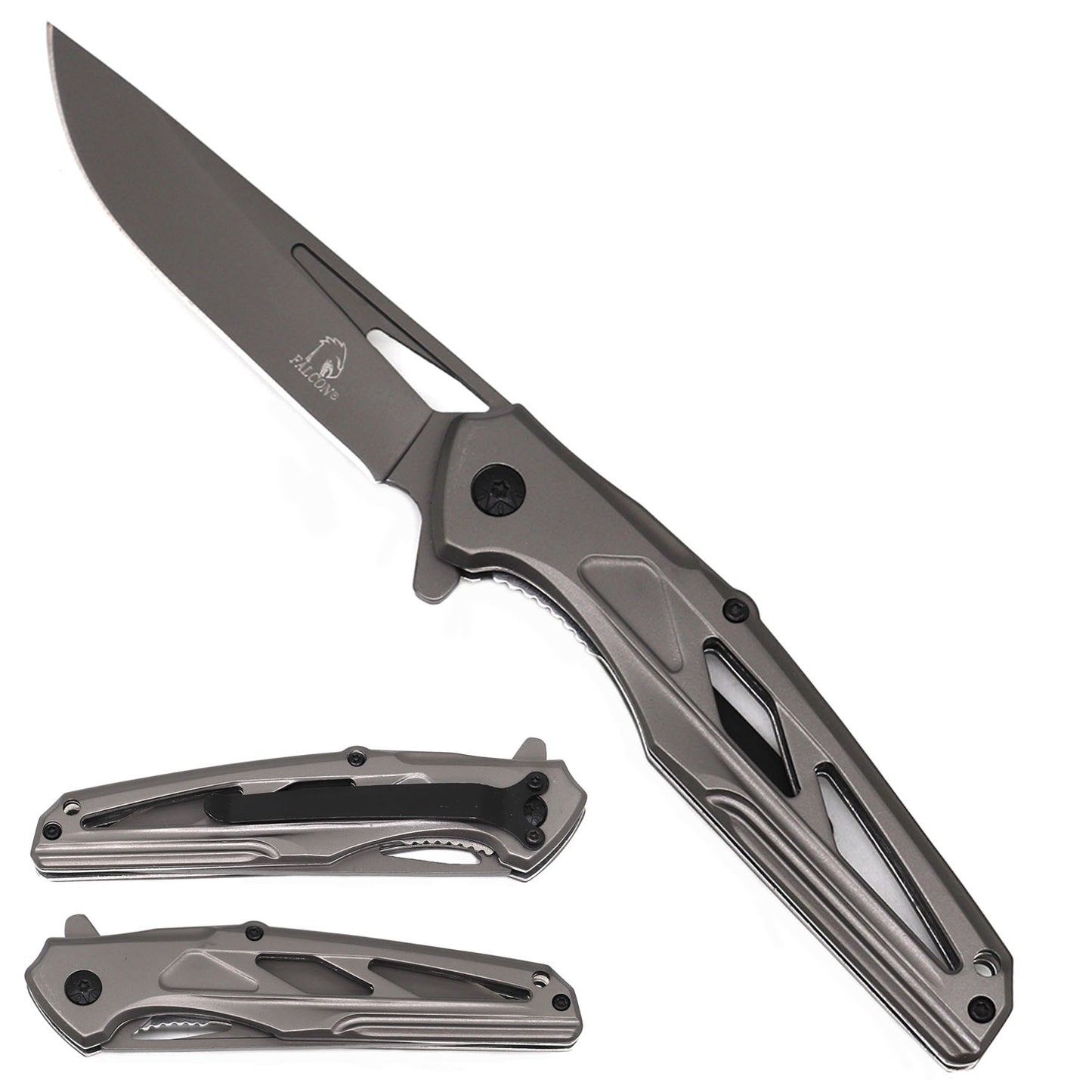 Falcon 8" Gray Spring Assisted Knife w/ Plastic Handle