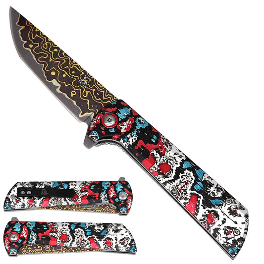 Spring-assisted folding knife with 3D Damascus-pattern blade and black steel handle, SKU KS4045DM-1
