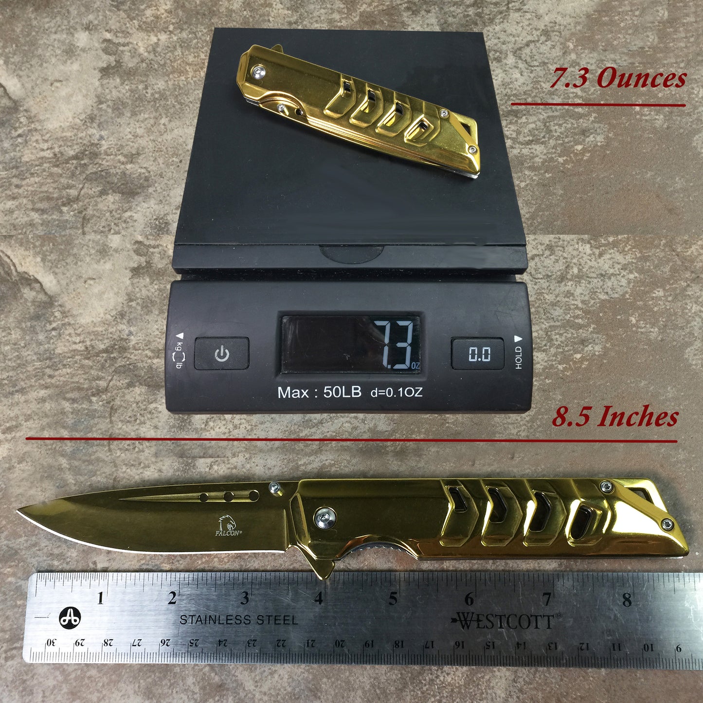 Falcon 8 3/4"Spring Assisted Pocket Knife Mirror Gold