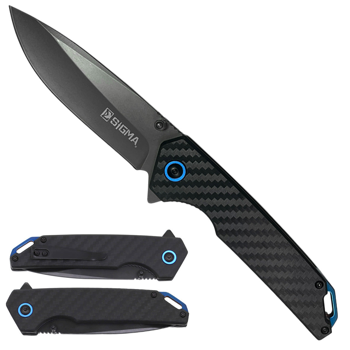 Sigma Ball Bearing Pocket Knife - Gray & Blue Carbon Fiber Handle