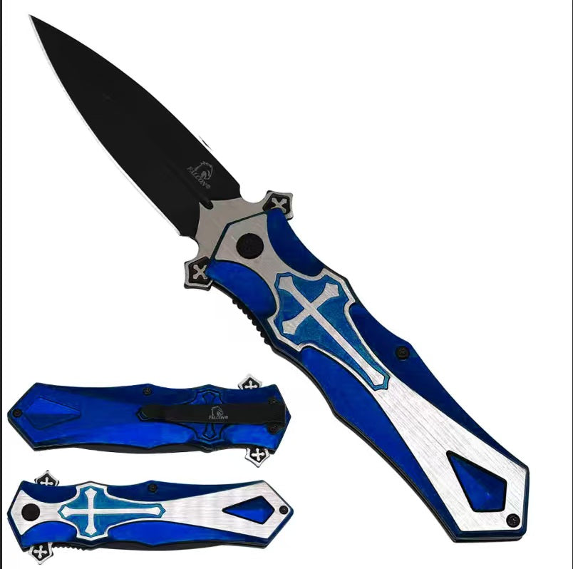 Falcon KS5440BL-1 spring-assisted knife with black coated 4-inch blade, Iron Cross-design handle, and belt clip
