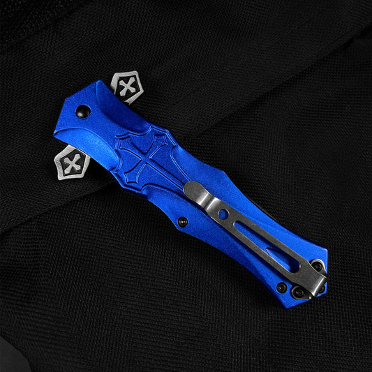 9" Spring Assisted Knife with cross Black Silver Blue