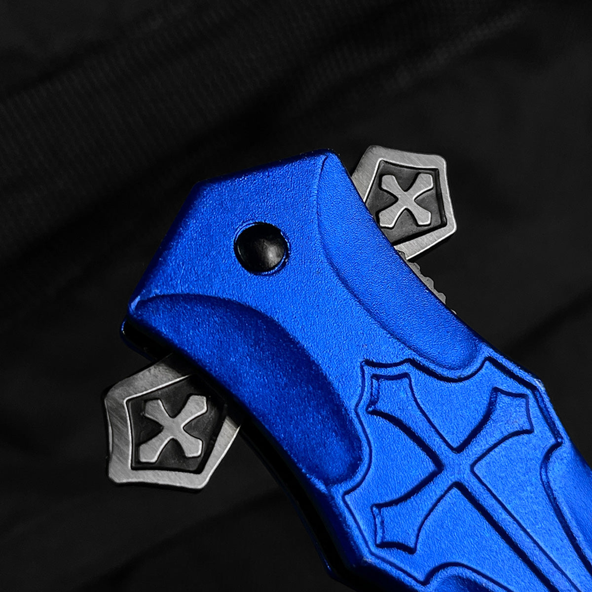 9" Spring Assisted Knife with cross Black Silver Blue