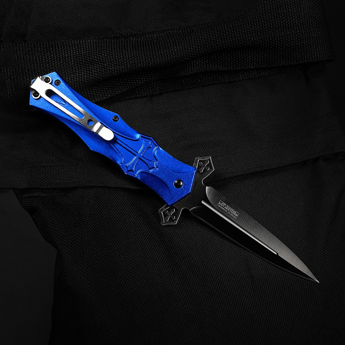 9" Spring Assisted Knife with cross Black Silver Blue