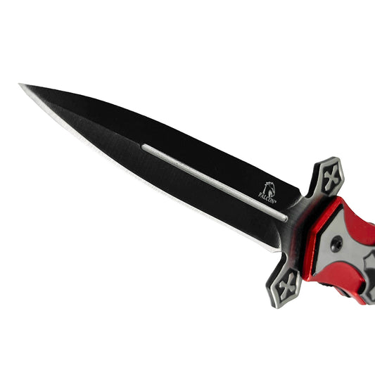 9" Spring Assisted Knife with cross Black Silver Red