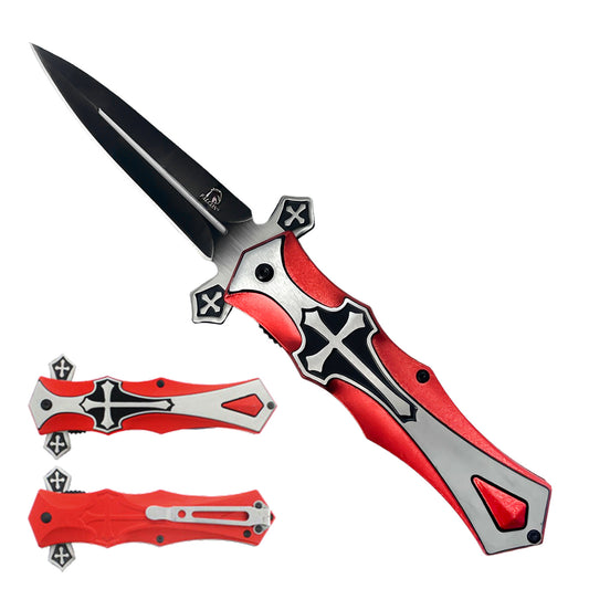 9" Spring Assisted Knife with cross Black Silver Red